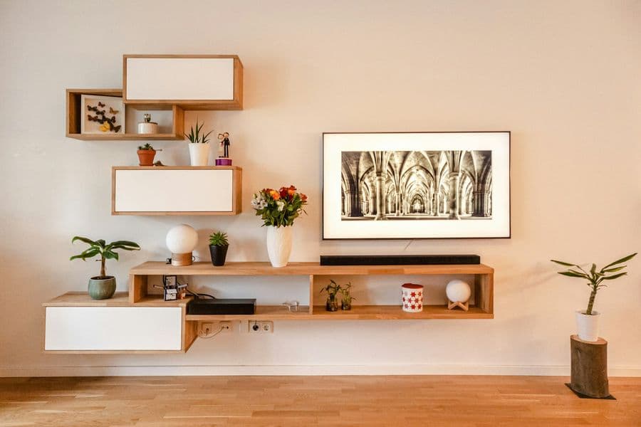Floating timber shelving, precisely hung