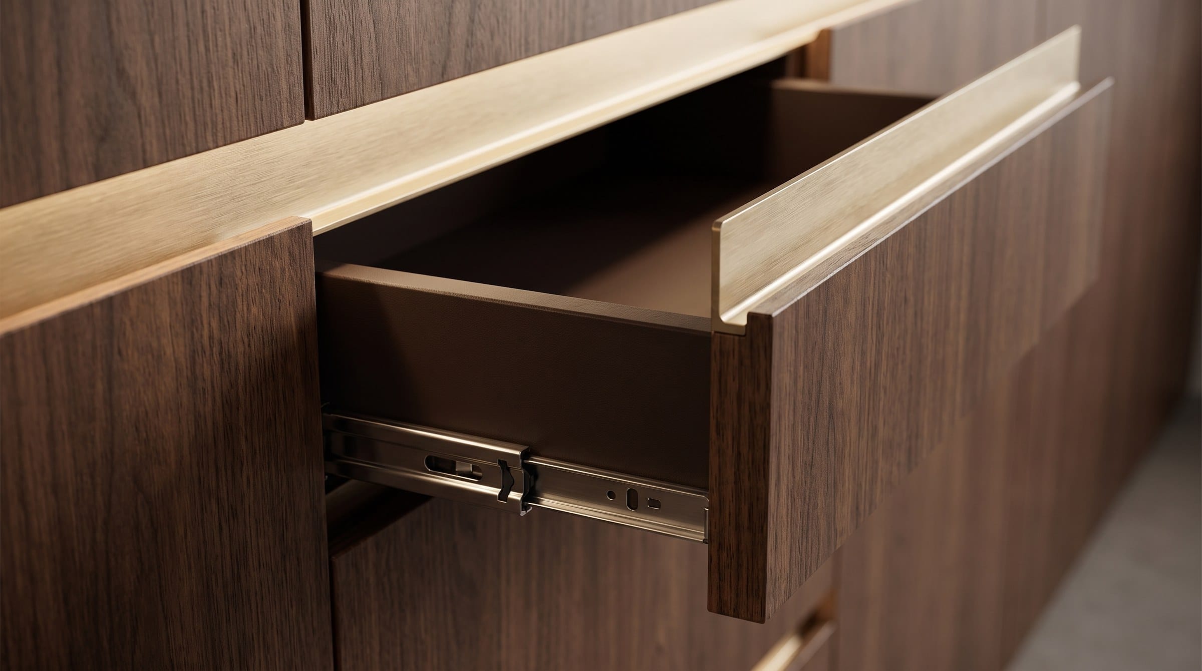 Walnut drawers and brass details in a dark architectural kitchen