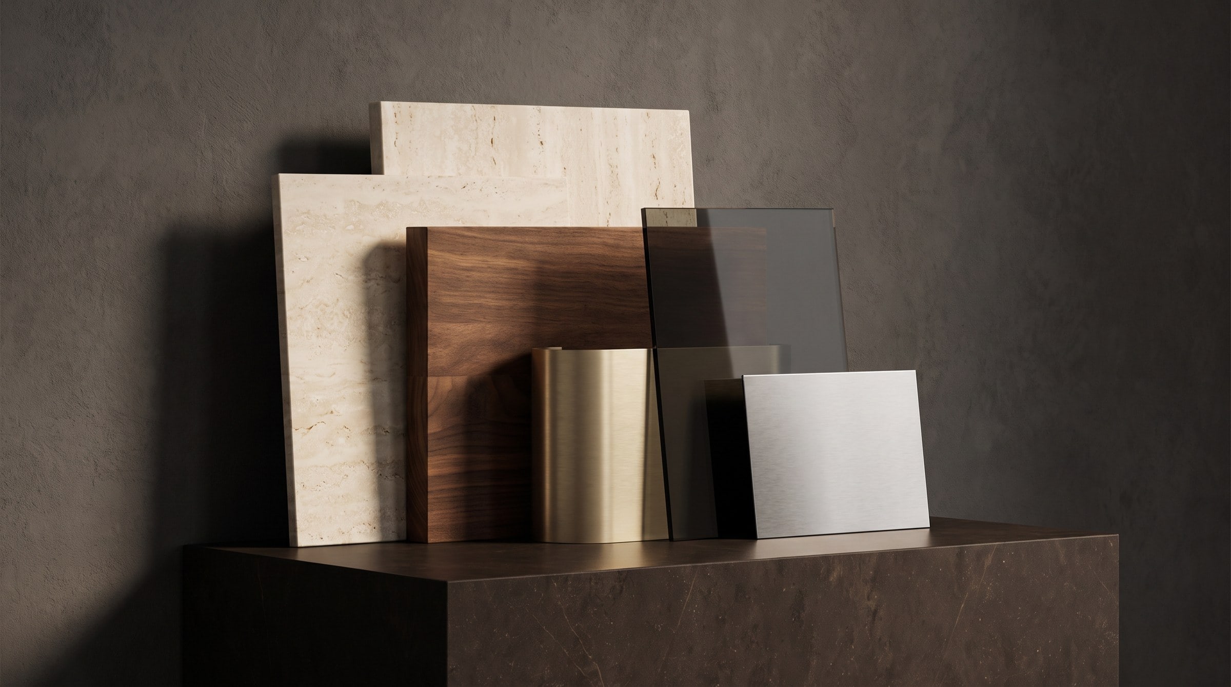 Travertine, walnut and brass material samples on a dark stone island