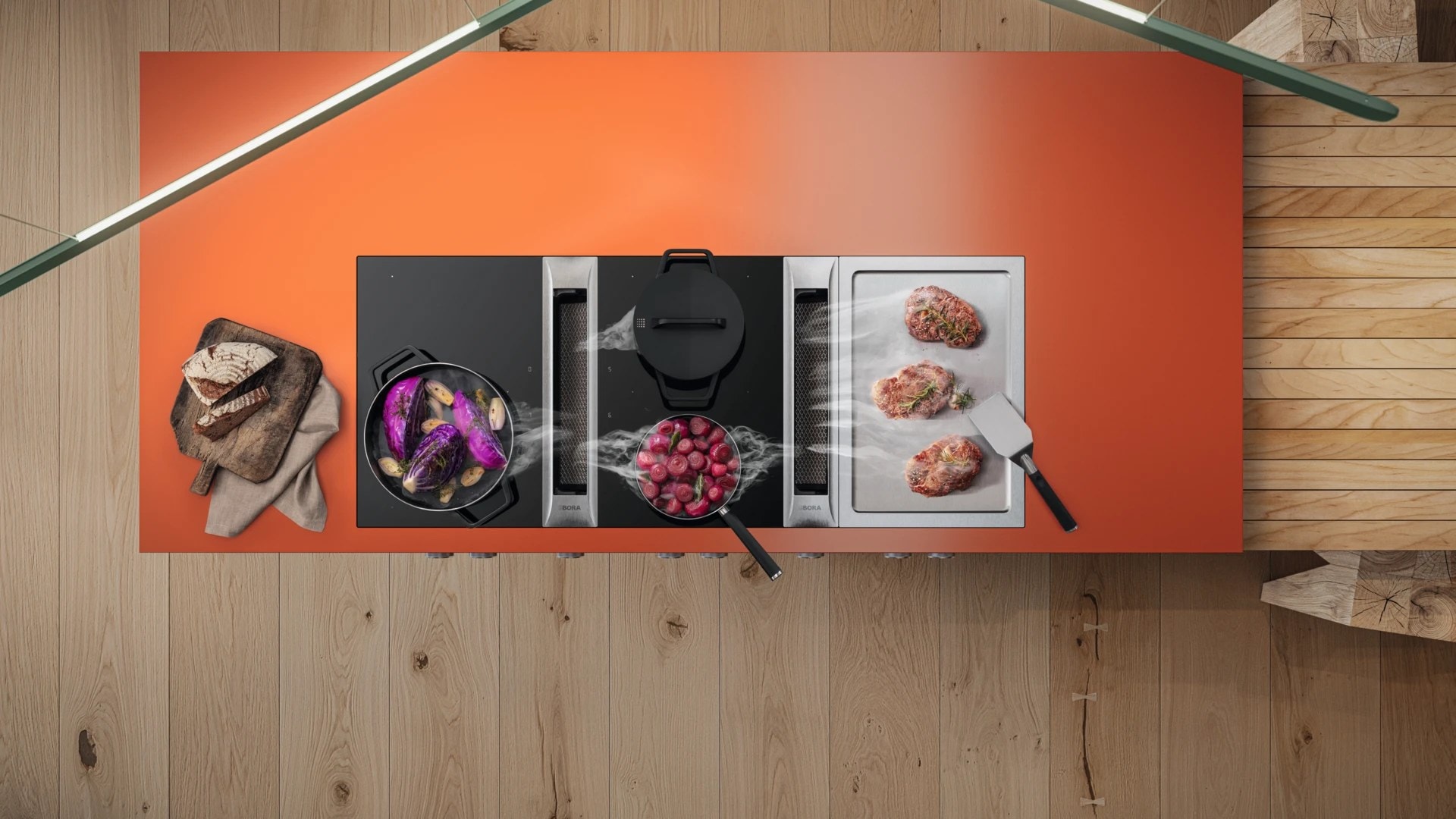 BORA signature kitchen — island topshot with downdraft extraction