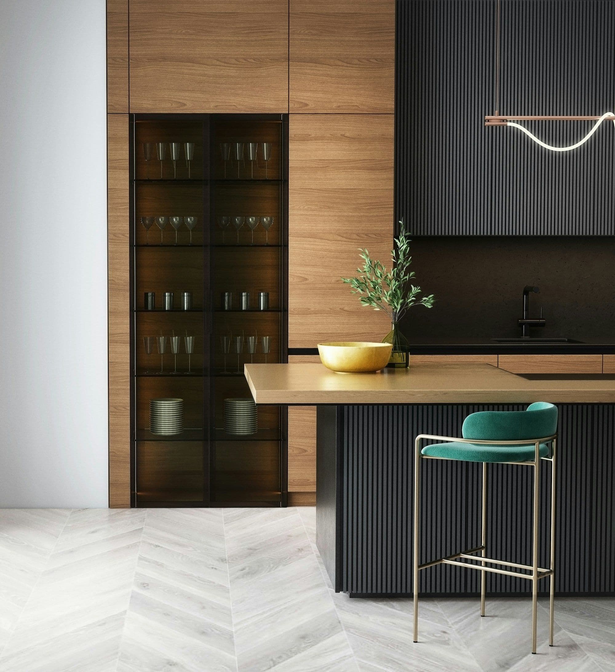 Dark lacquer and brass kitchen in low light