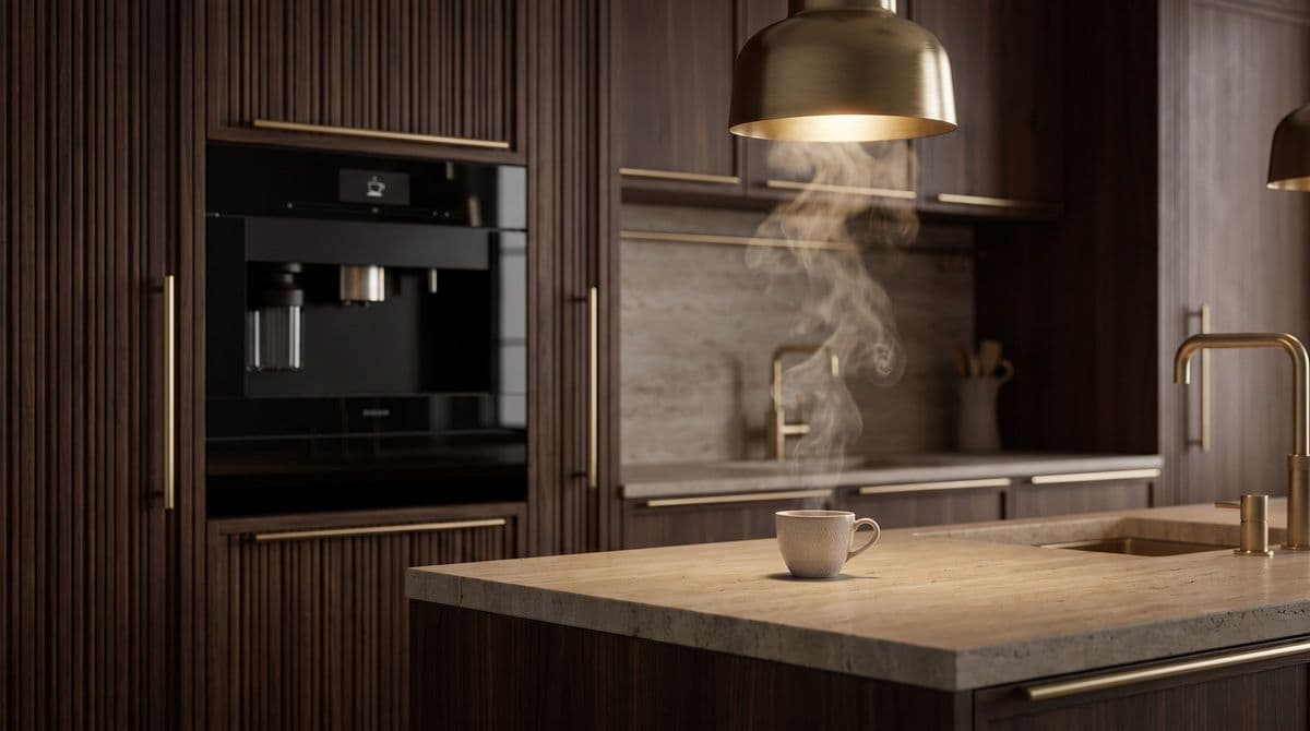 Espresso and steam on travertine beside a black-glass coffee machine in fluted walnut (generated art direction)