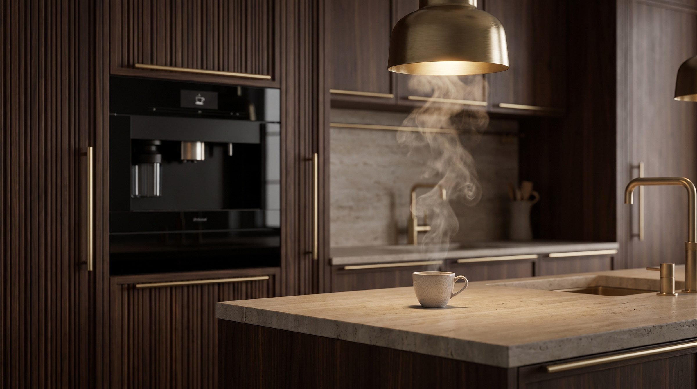 Espresso and steam on travertine beside a black-glass coffee machine in fluted walnut (generated art direction)