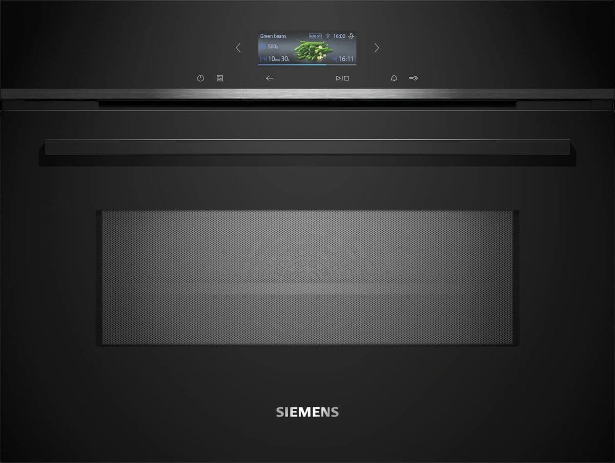 Siemens studioLine iQ700 compact oven with microwave function in black glass