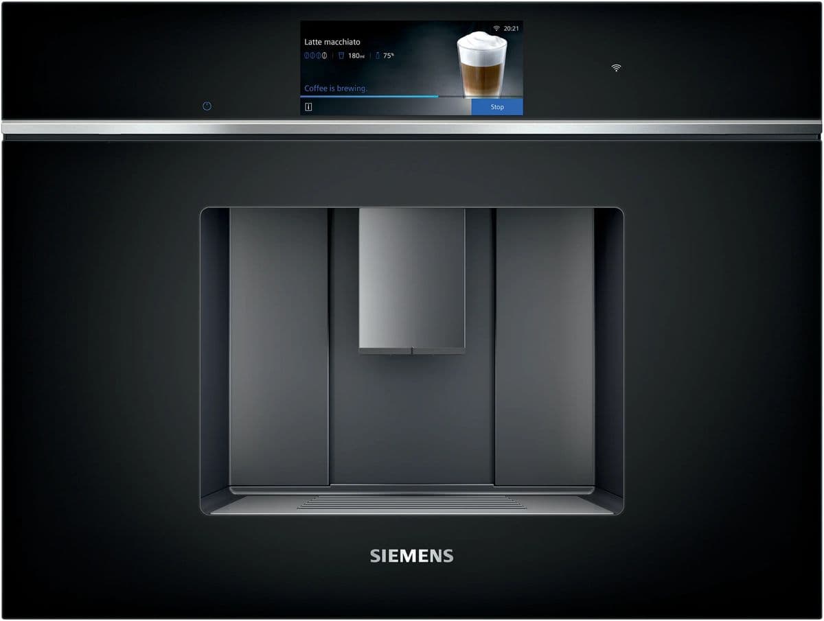 Siemens studioLine iQ700 built-in coffee machine in black glass, brewing a latte macchiato
