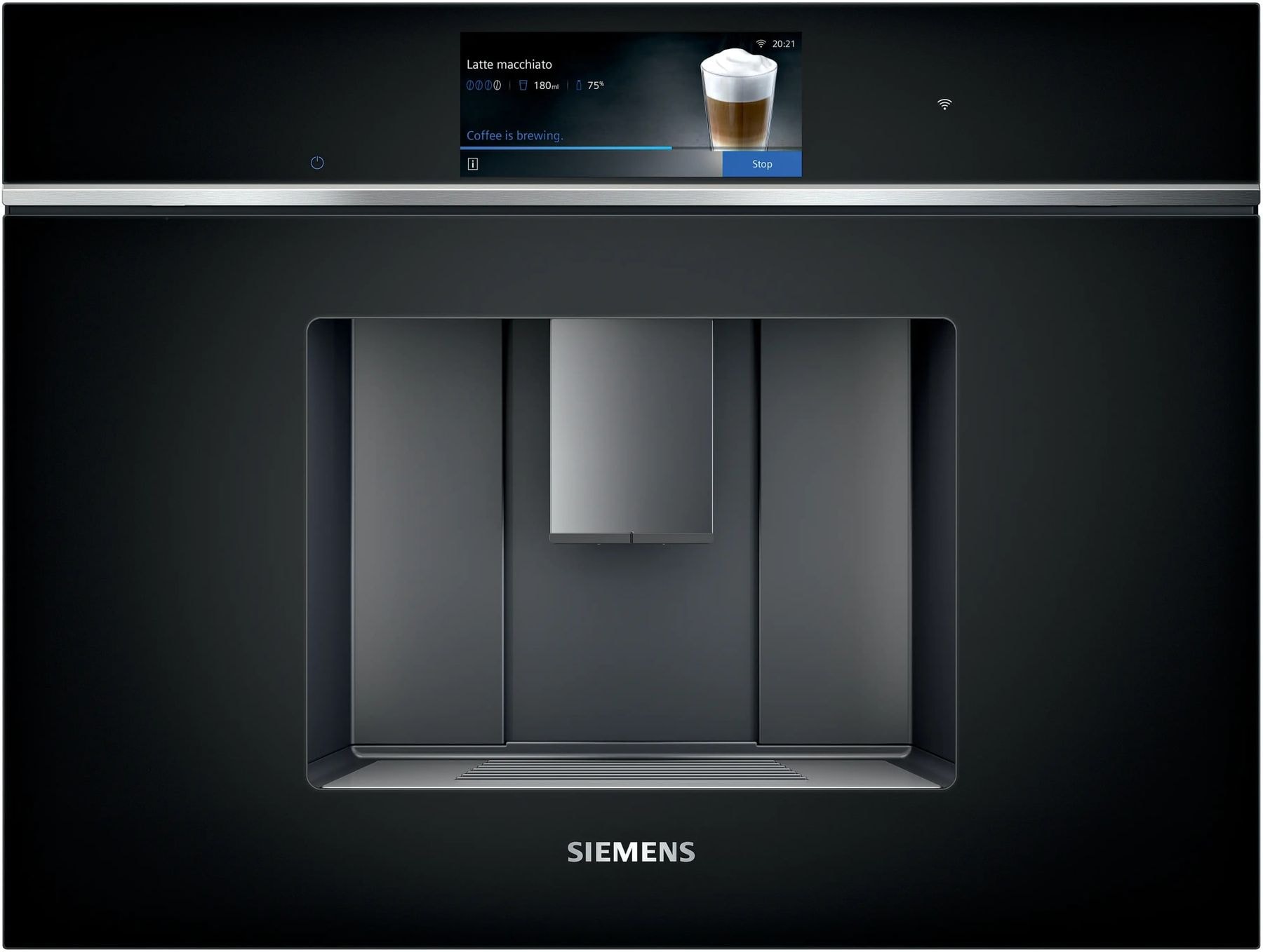 Siemens studioLine iQ700 built-in coffee machine in black glass, brewing a latte macchiato