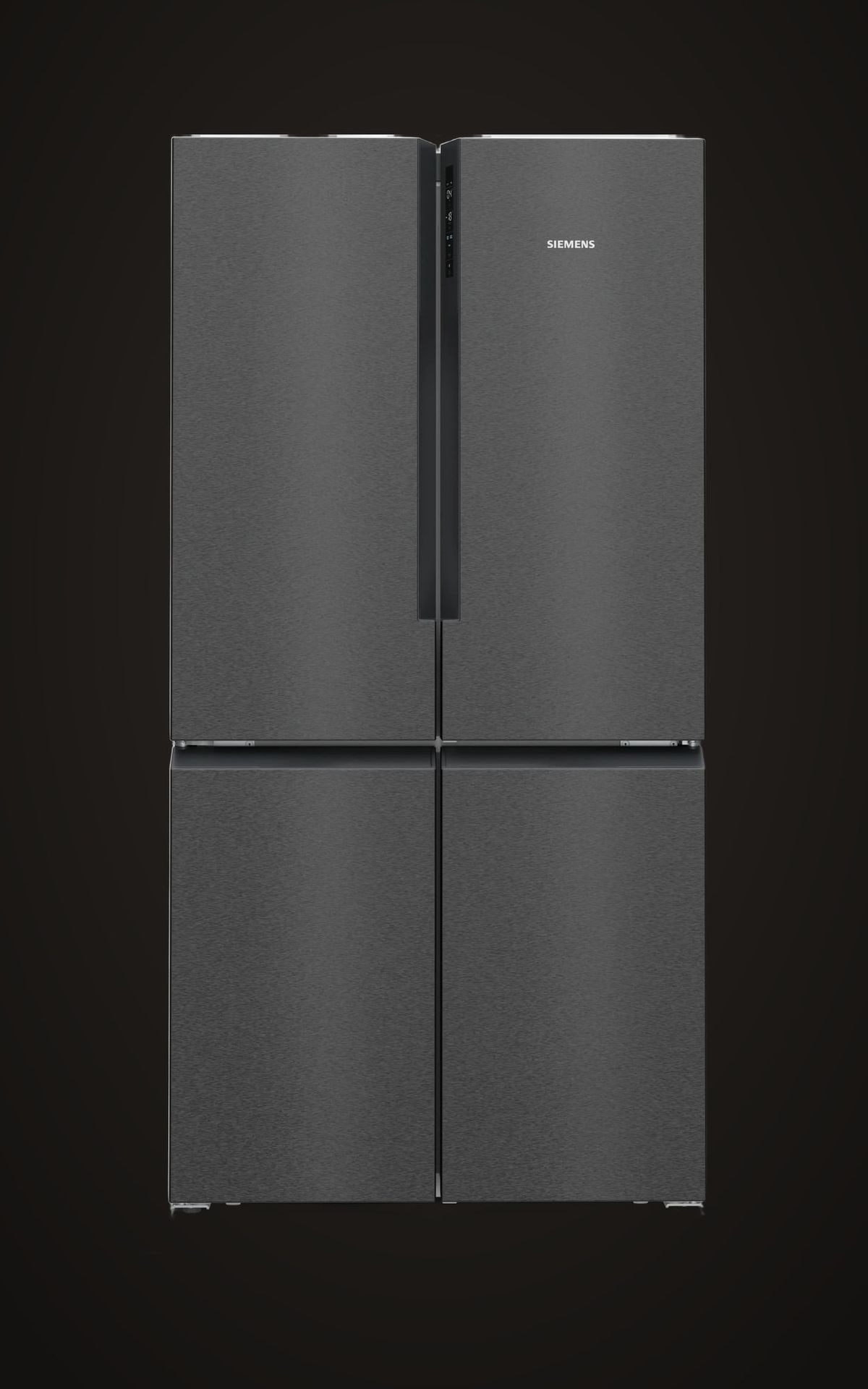Siemens iQ500 French-door refrigerator in brushed black steel on a dark studio ground
