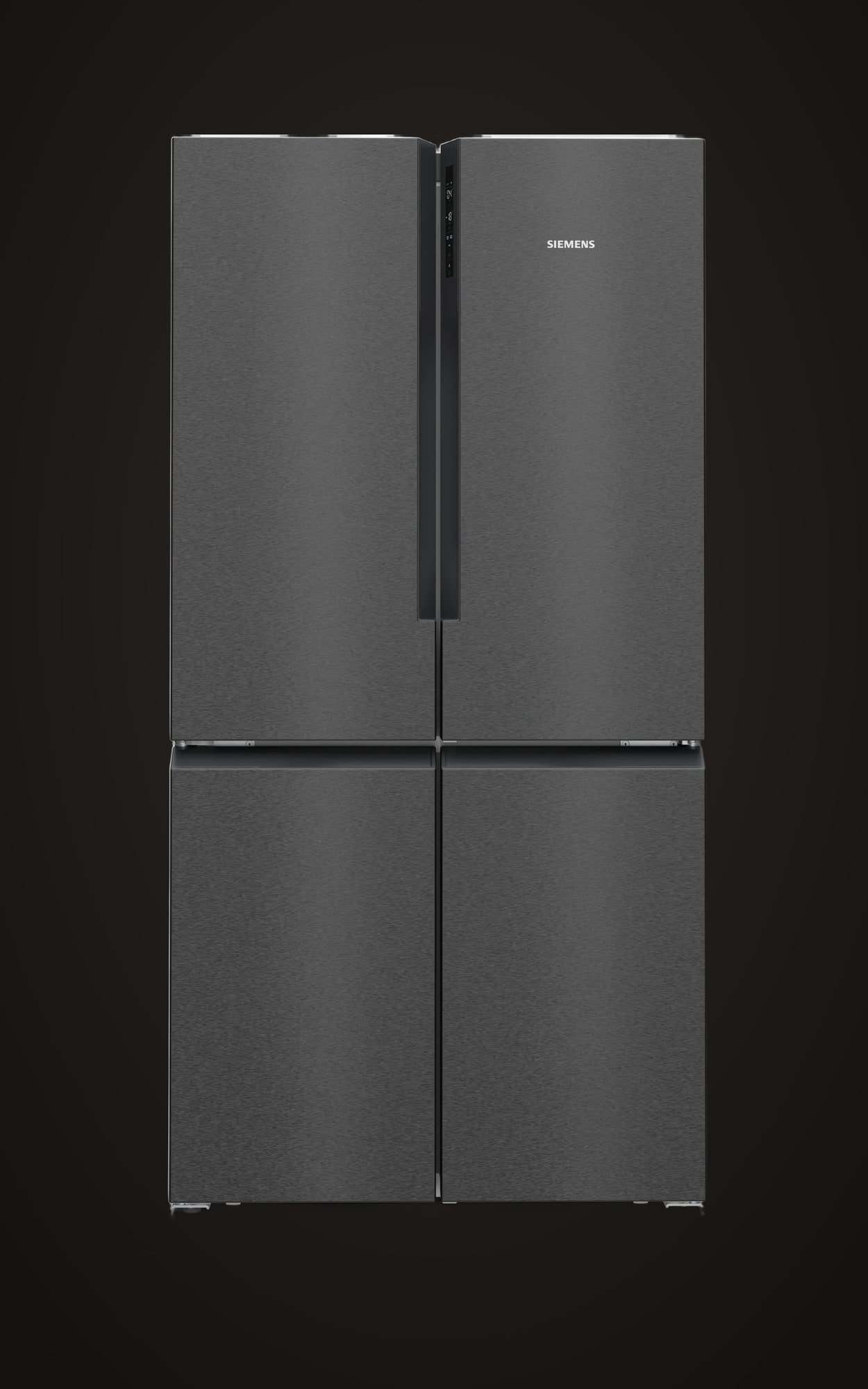 Siemens iQ500 French-door refrigerator in brushed black steel on a dark studio ground