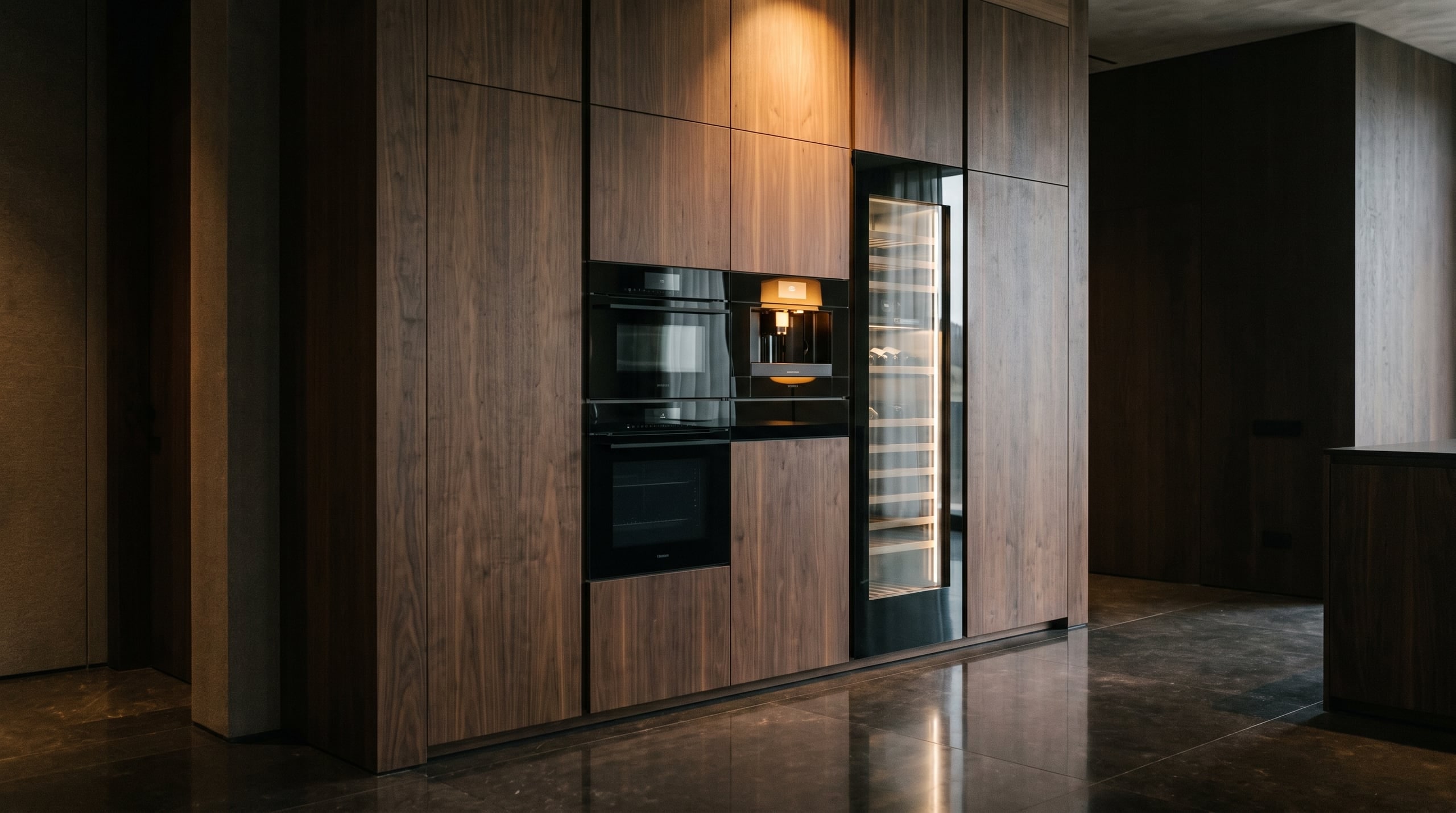 A full-height wall of black glass built-in appliances in dark walnut cabinetry — the appliance gallery