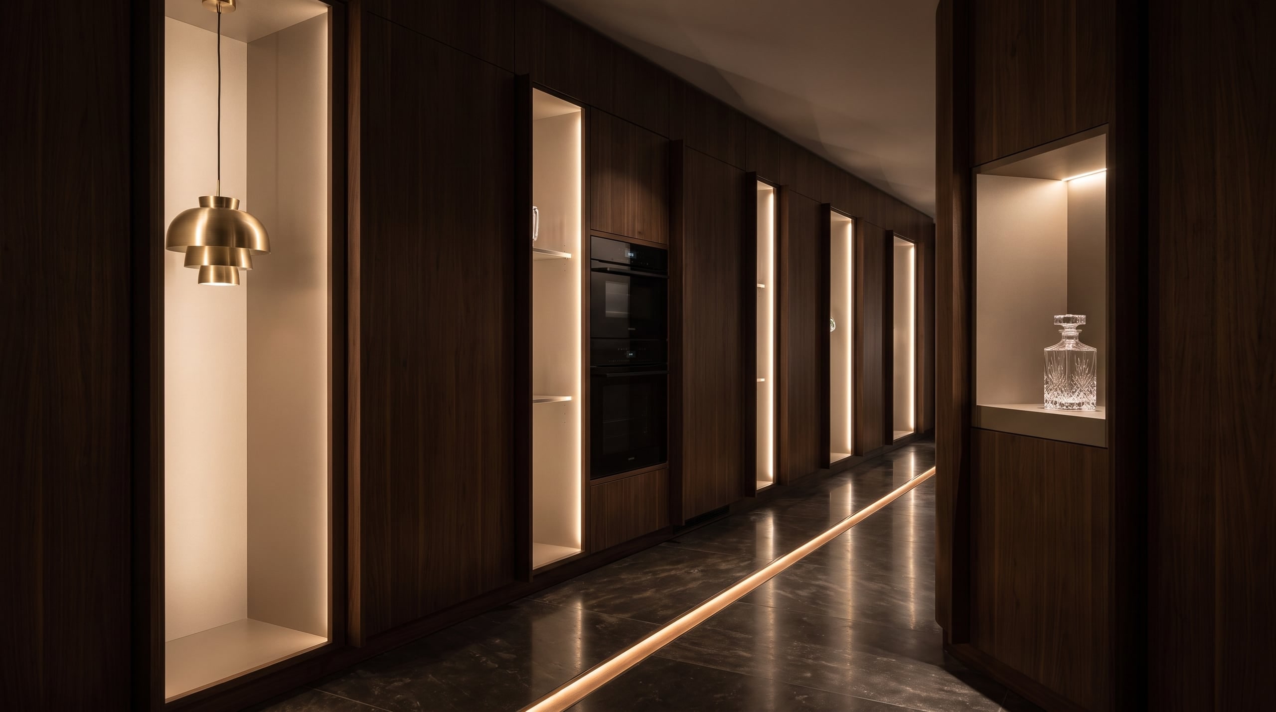 A dark walnut gallery corridor of backlit display niches — the hall of houses