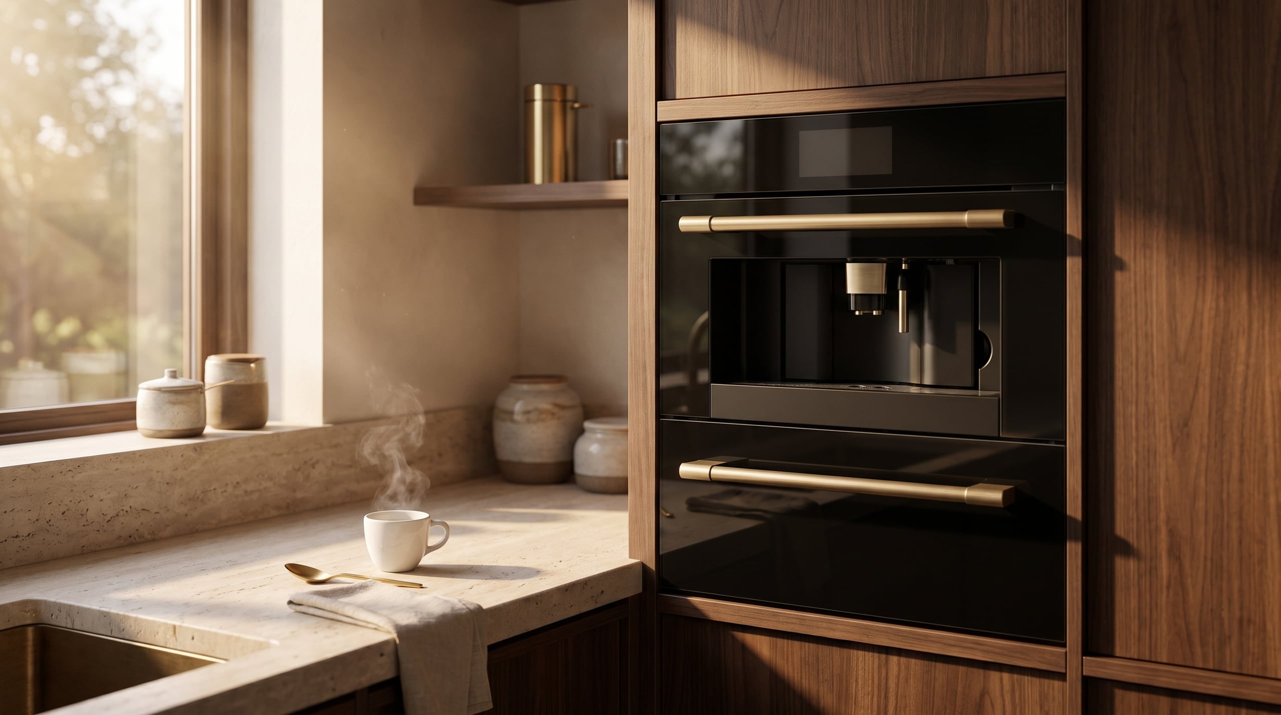 Concept: morning coffee ritual kitchen with built-in coffee machine and espresso on travertine