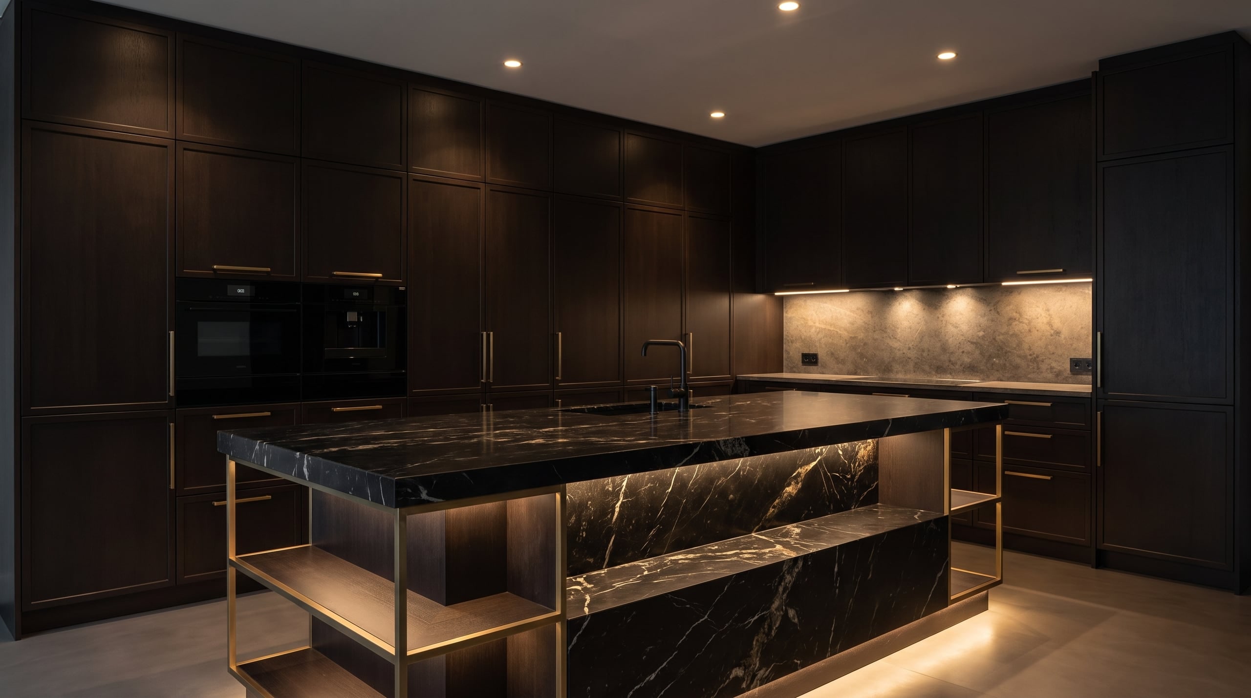 Concept: dark European kitchen with espresso cabinetry and black marble island