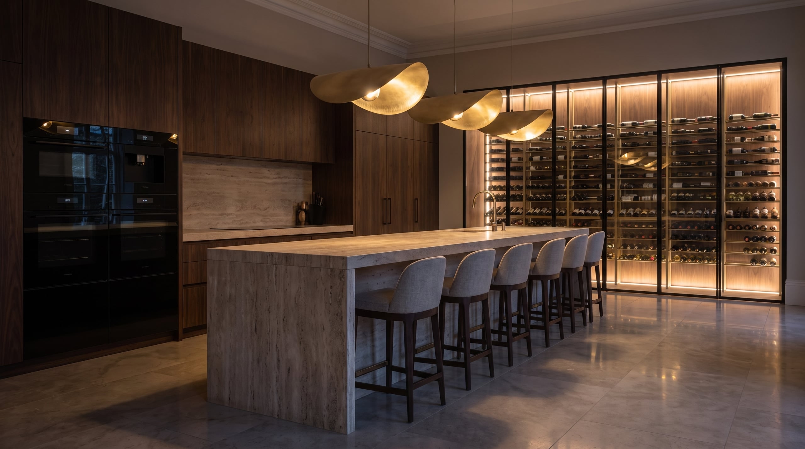 Concept: entertainer’s kitchen with long travertine island and backlit wine wall at evening