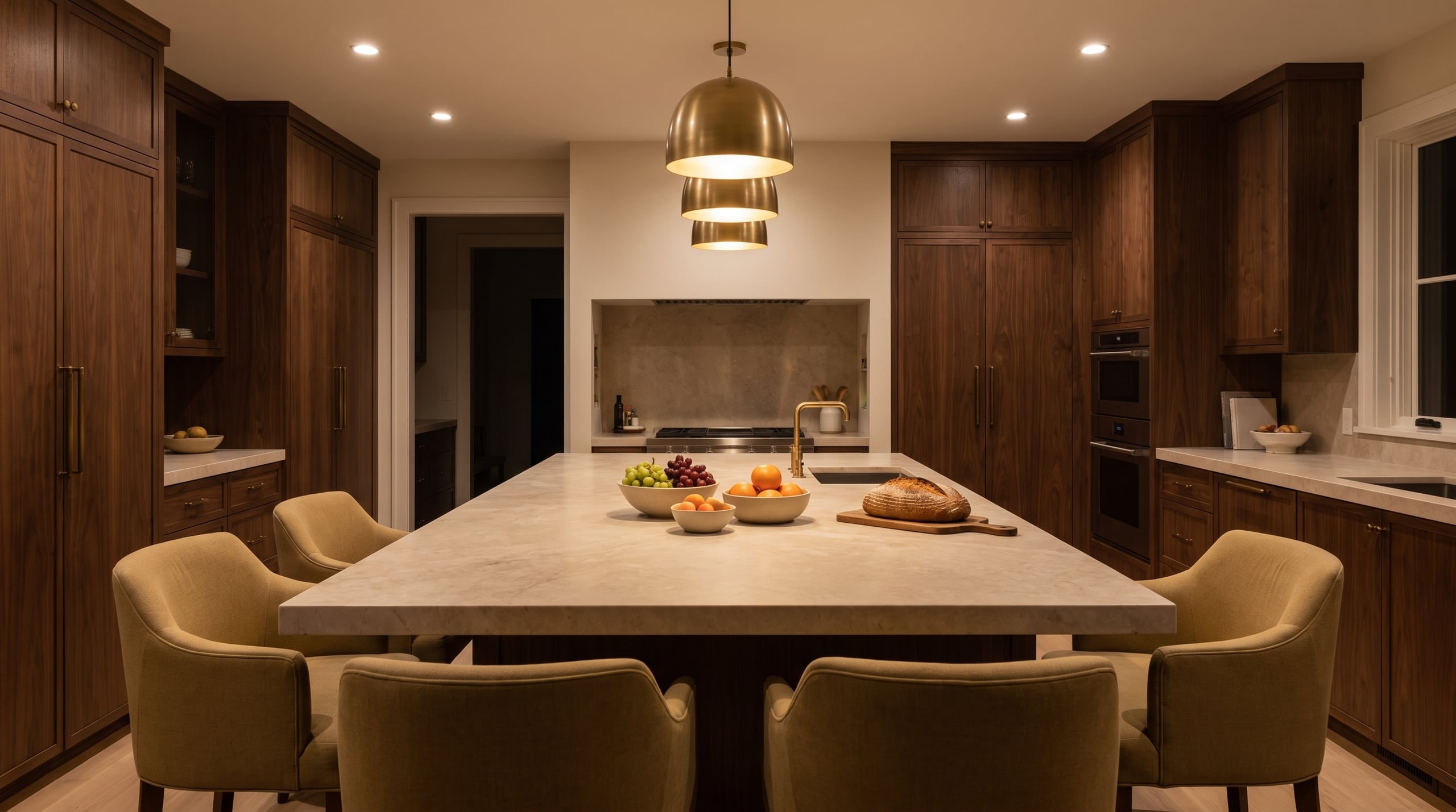 Concept: warm family kitchen with a generous stone island and elegant seating