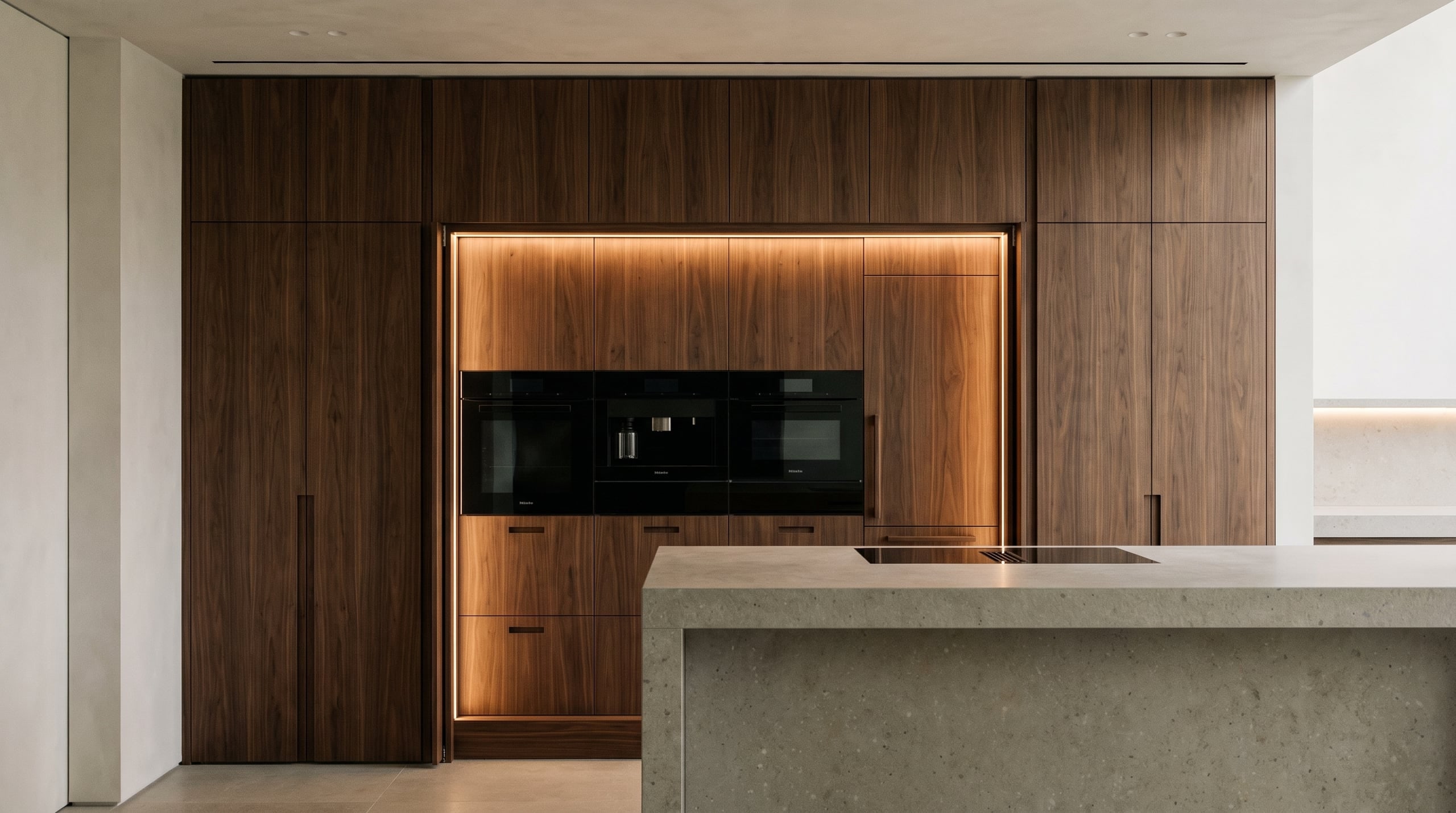 Concept: hidden kitchen with pocket doors revealing a concealed black-glass appliance wall