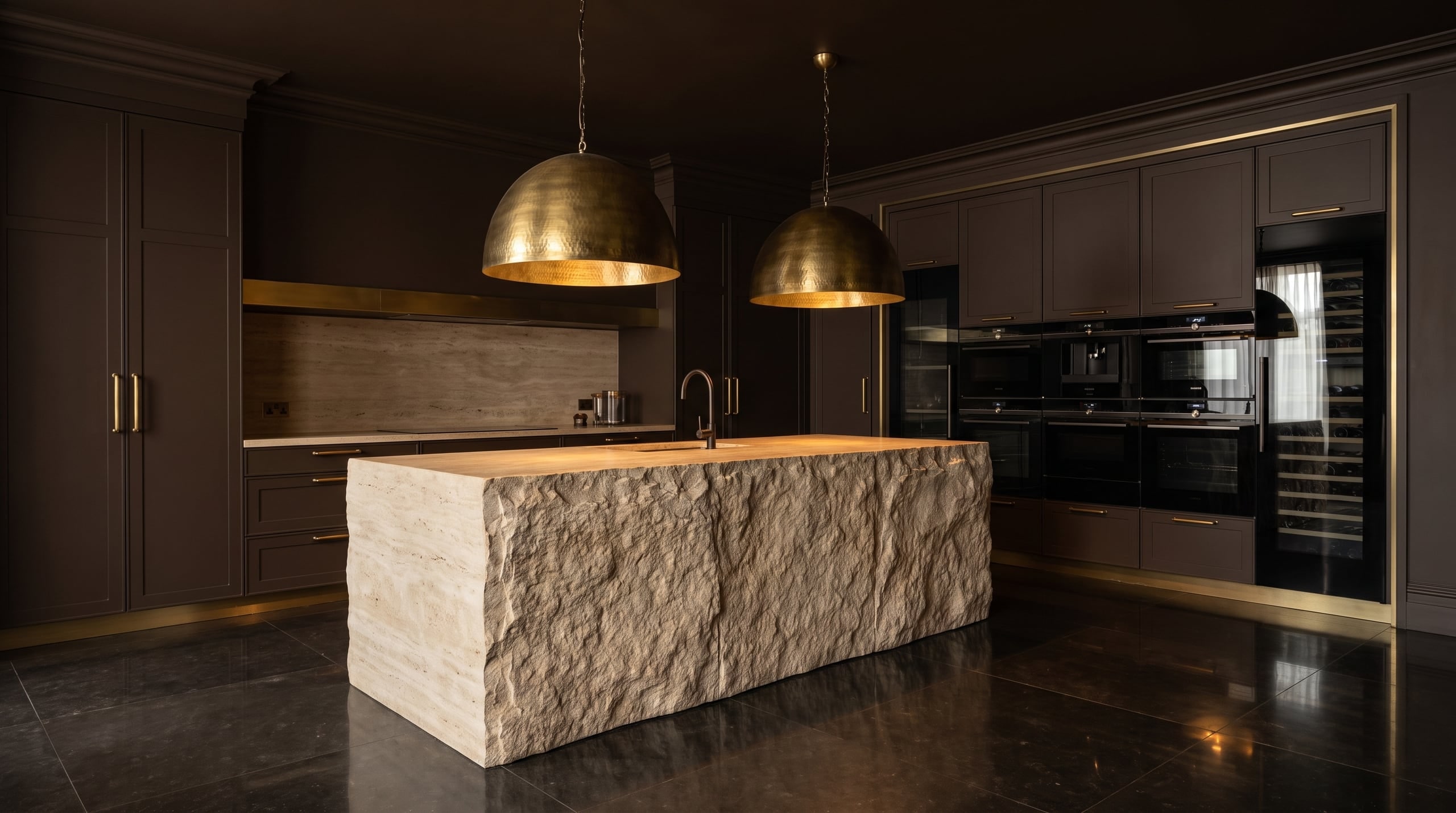 Sculptural travertine island under low brass pendants — a Kitchen Affair design vision