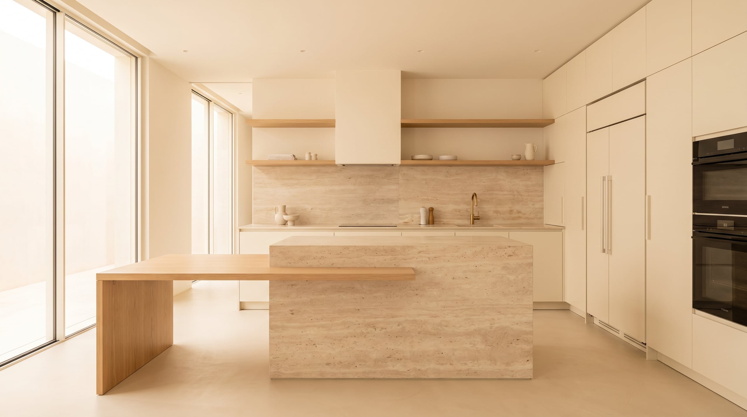 Concept: light travertine kitchen in ivory and pale oak with soft natural daylight