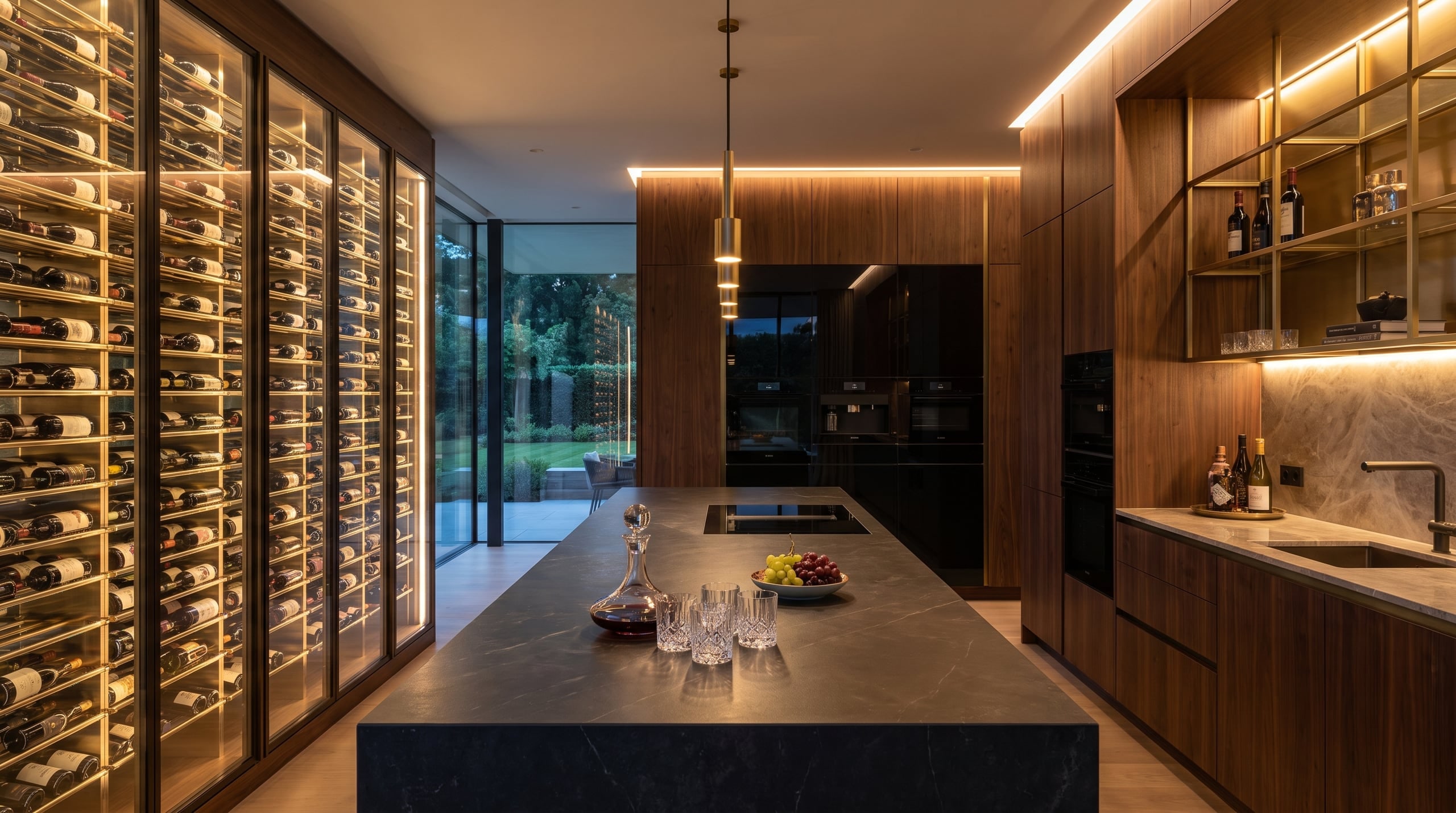 Concept: hosting kitchen with full-height backlit wine wall and island set with decanter