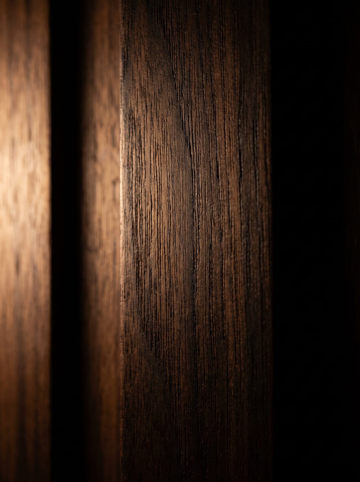 Macro study of dark European walnut cabinetry grain under raking warm light